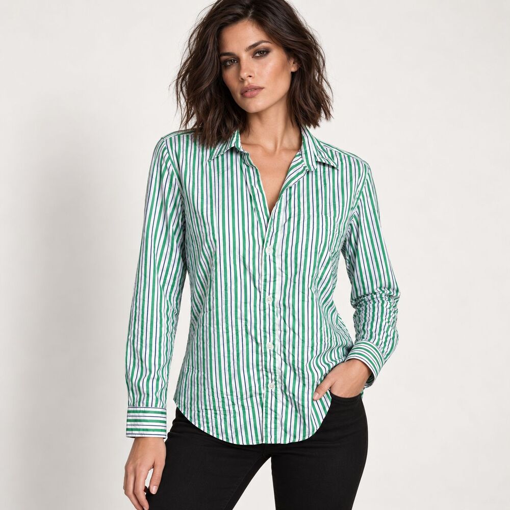 Frank & Eileen Barry Crinkle Shirt M Green Blue Stripe Italian Cotton Button Up